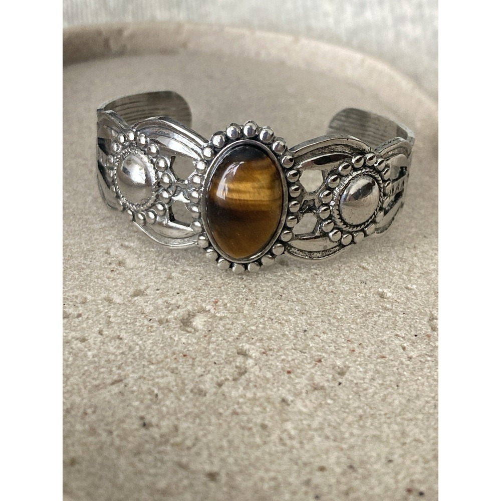 Silver Tone Faux Tiger Eye Stone Cuff Bracelet Boho Southwestern Style Cabochon